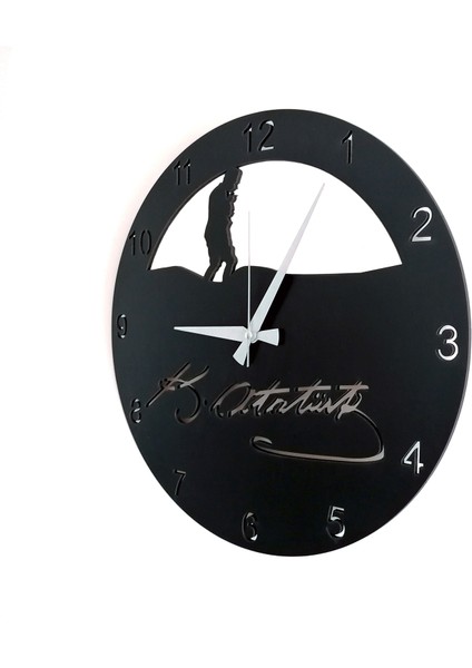 Dekoratif Siyah Ahşap Duvar Saati Kemal Atatürk İmzalı
