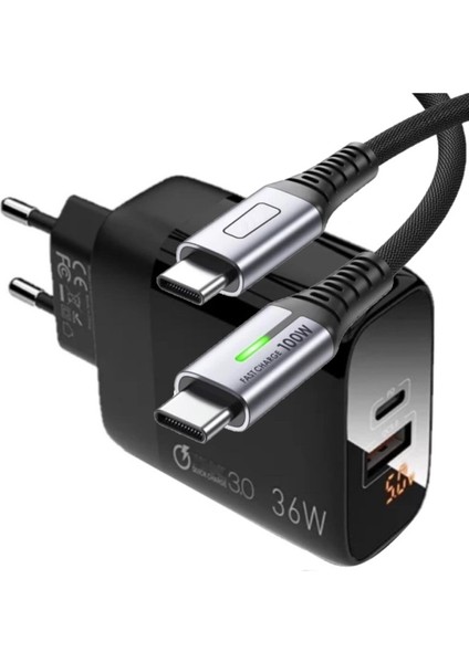 C7 (Type-C)+Micro Usb Girişli Şarj Adaptörü-36W + C1 Type-C To Type-C 5A/100W Şarj Kablosu -2mt