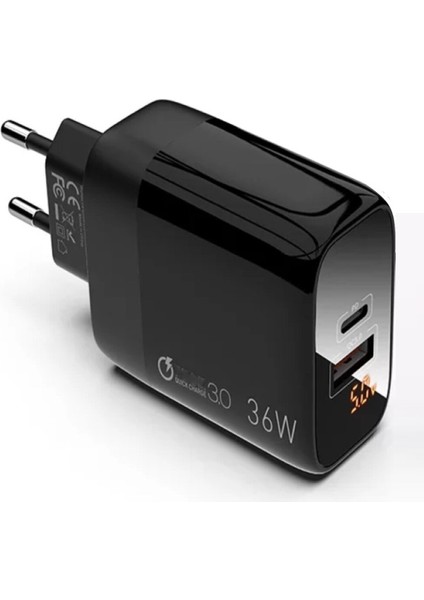 C7 (Type-C)+Micro Usb Girişli Şarj Adaptörü-36W + C1 Type-C To Type-C 5A/100W Şarj Kablosu -2mt