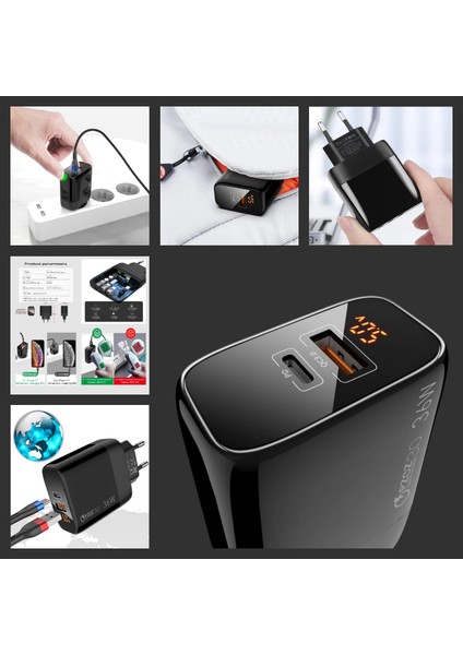 C7 (Type-C)+Micro Usb Girişli Şarj Adaptörü-36W + C1 Type-C To Type-C 5A/100W Şarj Kablosu -2mt