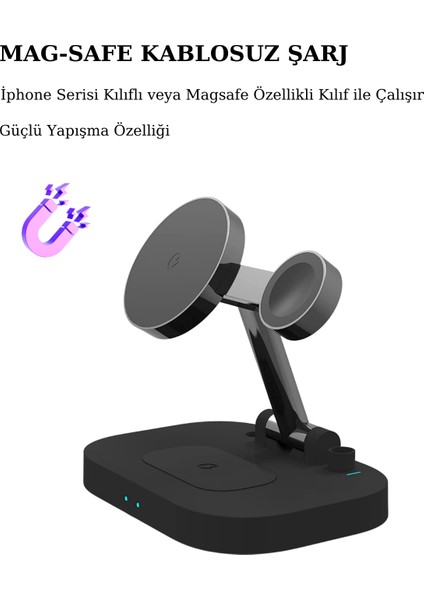 UD24 Kablosuz Magsafe Şarj Standı 4in1 Lambalı Şarj Istasyonu 15W, Hızlı Şarj