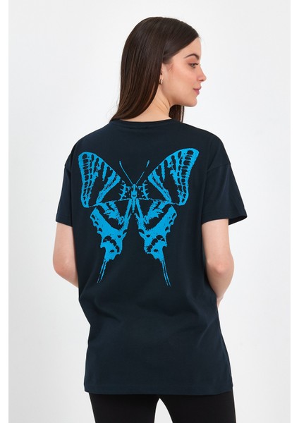 Butterfly Lacivert Kadın Oversize Geniş Kalıp Bisiklet Yaka Baskılı Kısa Kollu T-Shirt