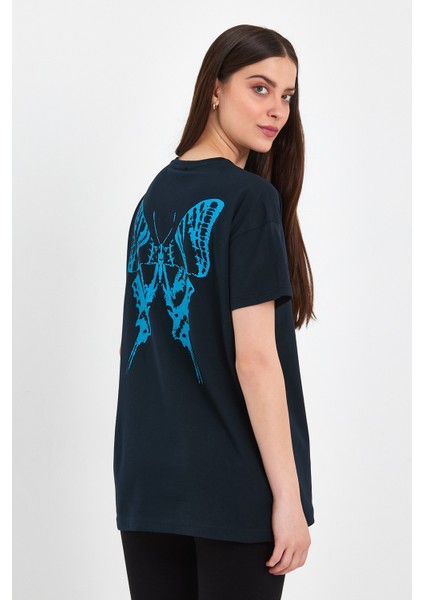 Butterfly Lacivert Kadın Oversize Geniş Kalıp Bisiklet Yaka Baskılı Kısa Kollu T-Shirt