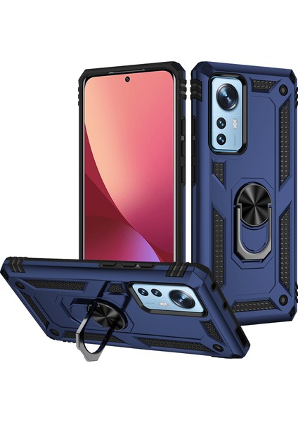 Xiaomi 12 Pro Için Halka Tutuculu Çift Katmanlı Telefon Kılıfı - Mavi (Yurt Dışından)