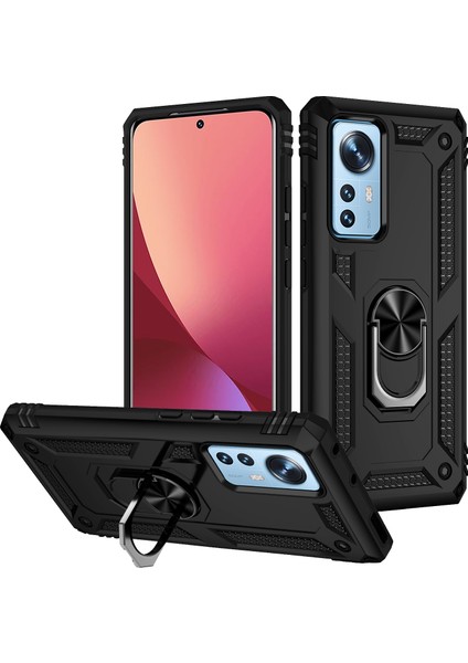 Xiaomi 12 Pro Için Halka Tutuculu Çift Katmanlı Telefon Kılıfı - Siyah (Yurt Dışından)