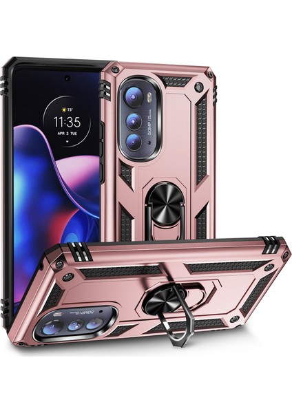 Motorola Edge 2022 Için Halka Tutuculu Çift Katmanlı Telefon Kılıfı - Rose Gold (Yurt Dışından)