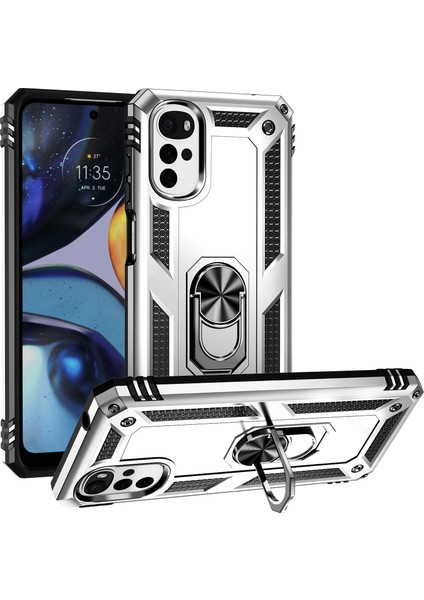 Motorola Moto G22 Için Halka Tutuculu Çift Katmanlı Telefon Kılıfı - Gümüş (Yurt Dışından)