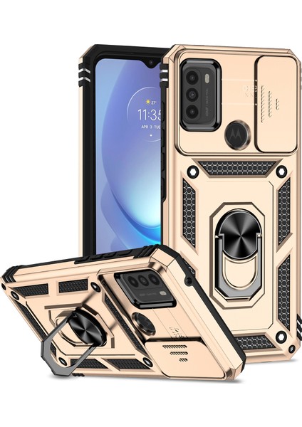 Motorola Moto G50 Için Halka Ayaklı ve Kayar Kamera Kapaklı Telefon Kılıf - Altın (Yurt Dışından)