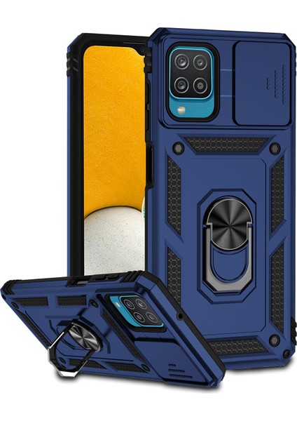 Samsung Galaxy A12 Için Halka Ayaklı ve Kayar Kamera Kapaklı Telefon Kılıf - Mavi (Yurt Dışından)