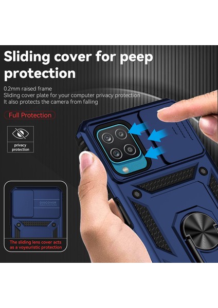 Samsung Galaxy A12 Için Halka Ayaklı ve Kayar Kamera Kapaklı Telefon Kılıf - Mavi (Yurt Dışından) fiyatları