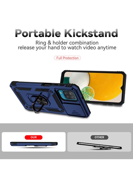 Samsung Galaxy A12 Için Halka Ayaklı ve Kayar Kamera Kapaklı Telefon Kılıf - Mavi (Yurt Dışından) indirimleri