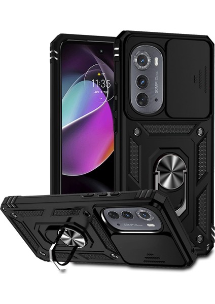 Motorola Edge 2022 Için Halka Ayaklı ve Kayar Kamera Kapaklı Telefon Kılıf - Siyah (Yurt Dışından)