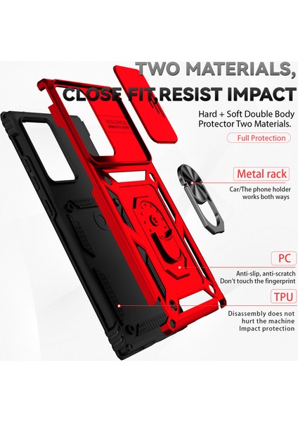 Samsung Galaxy Note 20 Ultra 5g Için Halka Ayaklı ve Kayar Kamera Kapaklı Telefon Kılıf - Kırmızı (Yurt Dışından)