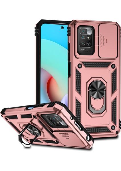 Xiaomi Redmi 10 Için Halka Ayaklı ve Kayar Kamera Kapaklı Telefon Kılıf - Rose Gold (Yurt Dışından)