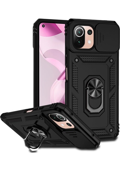 Xiaomi Mi 11 Lite 5g Için Halka Ayaklı ve Kayar Kamera Kapaklı Telefon Kılıf - Siyah (Yurt Dışından)