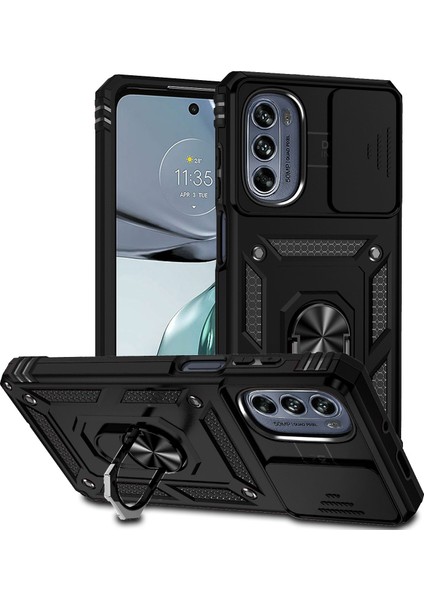 Motorola Moto G62 5g Için Halka Ayaklı ve Kayar Kamera Kapaklı Telefon Kılıf - Siyah (Yurt Dışından)