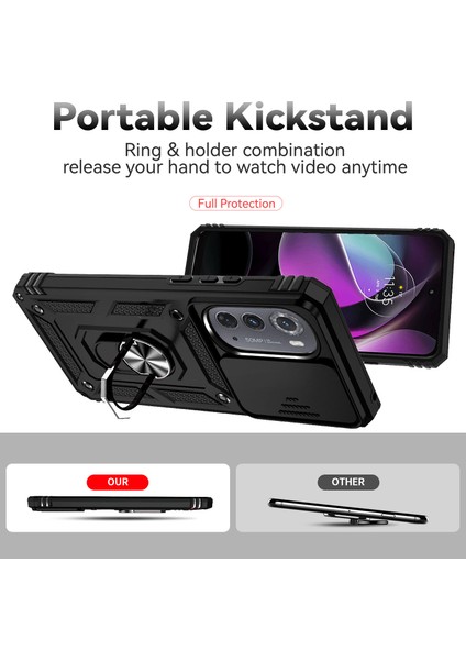 Motorola Edge 2022 Için Halka Ayaklı ve Kayar Kamera Kapaklı Telefon Kılıf - Siyah (Yurt Dışından) indirimleri