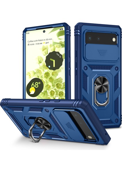 Google Pixel 6 Için Kayar Lens Koruyucu Halka Standlı Telefon Kılıfı - Mavi (Yurt Dışından)