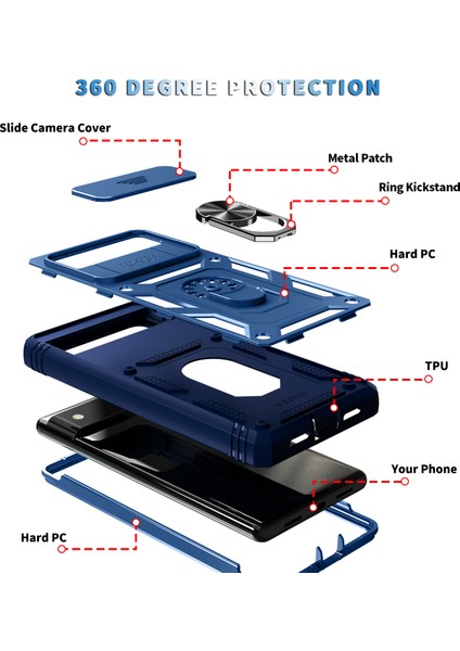 Google Pixel 6 Için Kayar Lens Koruyucu Halka Standlı Telefon Kılıfı - Mavi (Yurt Dışından) indirimleri
