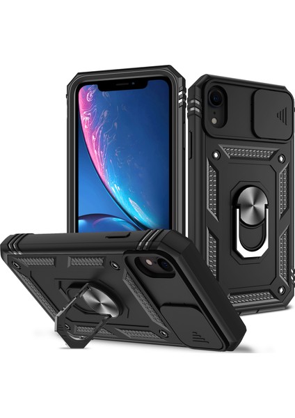 iPhone Xr Için Kayar Lens Koruyucu Halka Standlı Telefon Kılıfı - Siyah (Yurt Dışından)