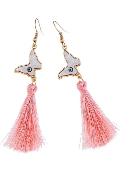 Moda Düğün Bayan Dangle Eardrop Kelebek Pembe Uzun Püskül Kanca Küpe (Yurt Dışından)