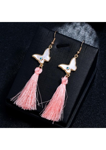 Moda Düğün Bayan Dangle Eardrop Kelebek Pembe Uzun Püskül Kanca Küpe (Yurt Dışından)