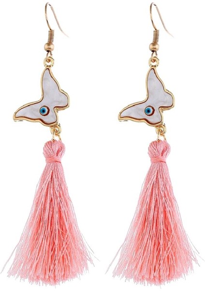 Moda Düğün Bayan Dangle Eardrop Kelebek Pembe Uzun Püskül Kanca Küpe (Yurt Dışından)