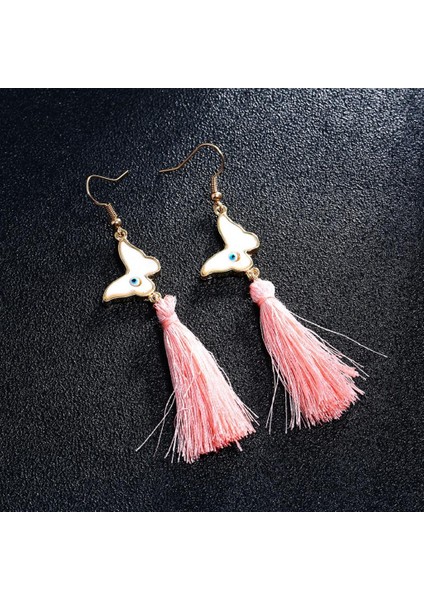 Moda Düğün Bayan Dangle Eardrop Kelebek Pembe Uzun Püskül Kanca Küpe (Yurt Dışından)