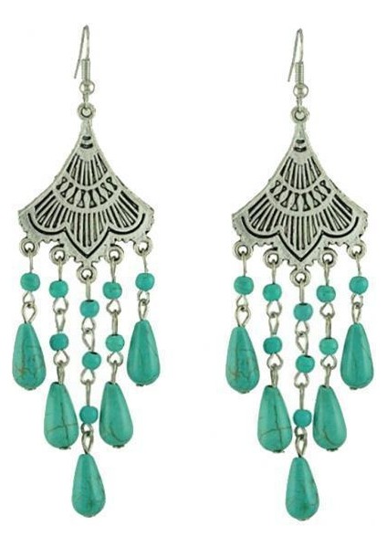 4xbohemian Turkuaz Taş Kanca I Püskül Sallangısı Etnik Takı 4 Adet Küpe (Yurt Dışından)