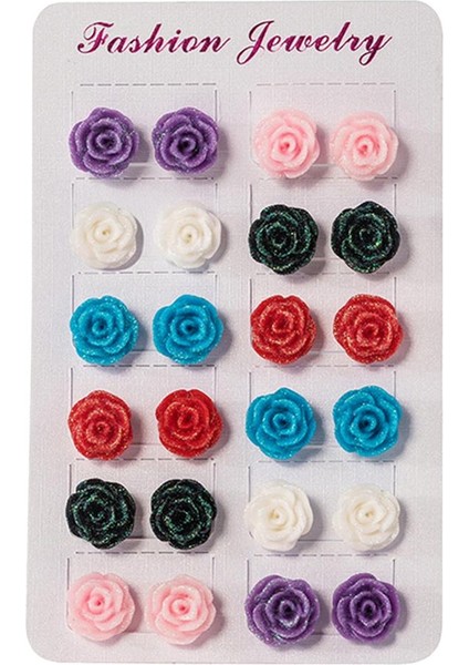 12 Çift 6 Renk Reçine Çiçek Kulak Saplamaları Takı Bulguları Moda Küpe (Yurt Dışından)