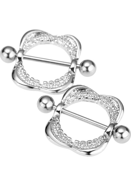 2 Adet Paslanmaz Çelik Rhinestone Meydanı Geometrik Kalkan Barbell Nipplering Küpe (Yurt Dışından)