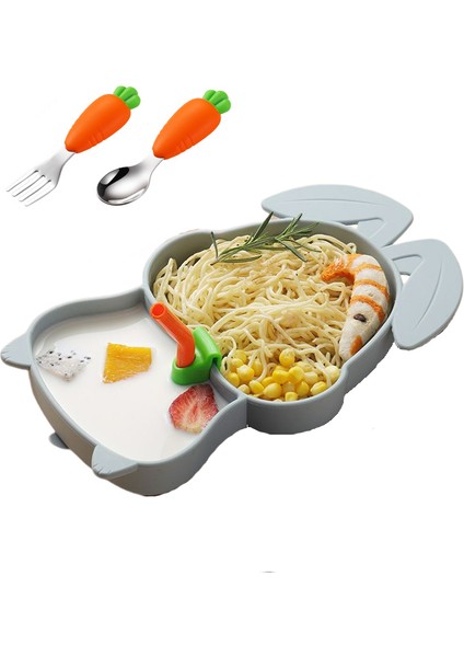Jojo Vakumlu Silikon Mama Tabağı, Silikon Saplı Metal Uçlu Çatal ve Kaşık ( Tavşan Figürlü ) (A.gri Renk)