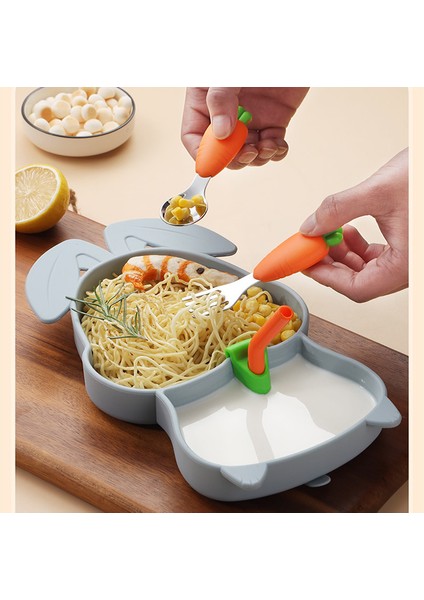 Jojo Vakumlu Silikon Mama Tabağı, Silikon Saplı Metal Uçlu Çatal ve Kaşık ( Tavşan Figürlü ) (A.gri Renk) fiyatları