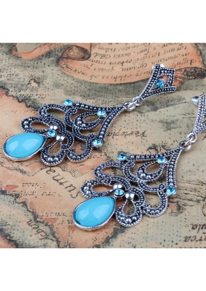 3x Kadın'in Vintage Boho Blue Yapay Taş Kristal Çiçek Dangle 3 Adet Küpe (Yurt Dışından)