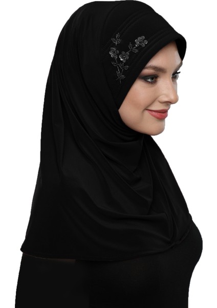 Takmatik Taşlı El İşi Boncuk İşlemeli Siyah Hazır Türban Tesettür Bone Namaz Örtüsü