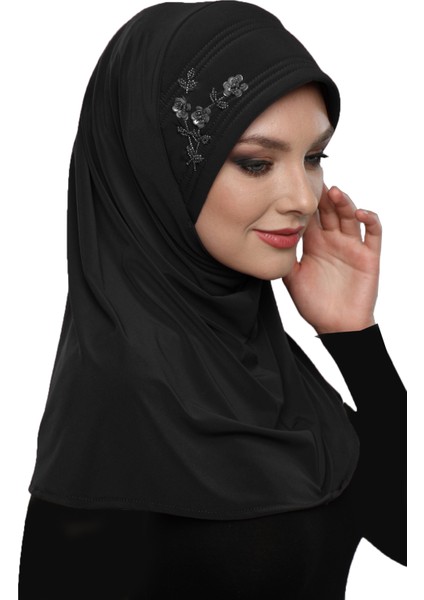 Takmatik Taşlı El İşi Boncuk İşlemeli Siyah Hazır Türban Tesettür Bone Namaz Örtüsü modelleri