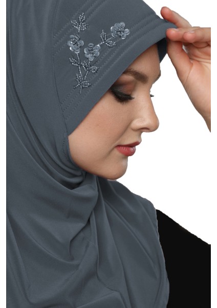 Takmatik Taşlı El Işi Boncuk Işlemeli Koyu Gri Hazır Türban Tesettür Bone Namaz Örtüsü