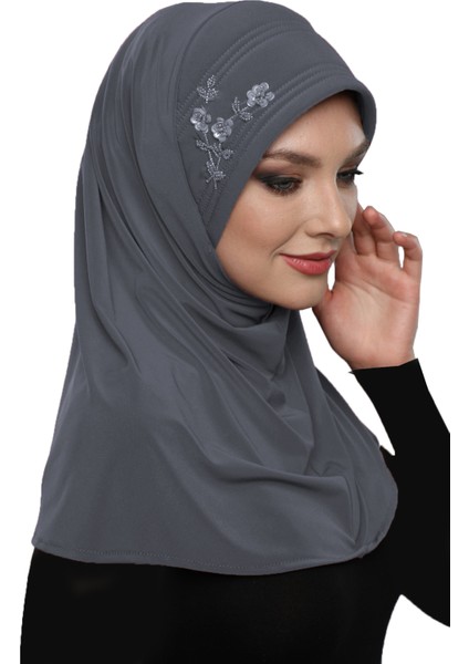 Takmatik Taşlı El Işi Boncuk Işlemeli Koyu Gri Hazır Türban Tesettür Bone Namaz Örtüsü modelleri
