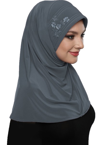 Takmatik Taşlı El Işi Boncuk Işlemeli Koyu Gri Hazır Türban Tesettür Bone Namaz Örtüsü