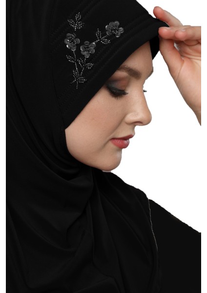 Takmatik Taşlı El İşi Boncuk İşlemeli Siyah Hazır Türban Tesettür Bone Namaz Örtüsü fırsatları