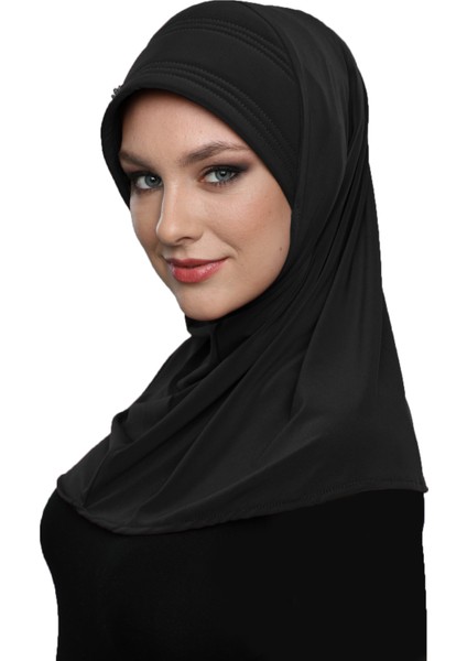 Takmatik Taşlı El İşi Boncuk İşlemeli Siyah Hazır Türban Tesettür Bone Namaz Örtüsü