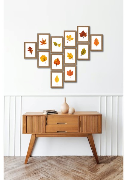 Leaf Sonbaharda Yapraklar 13,5 x 18 cm 12'li Ahşap Tablo Seti