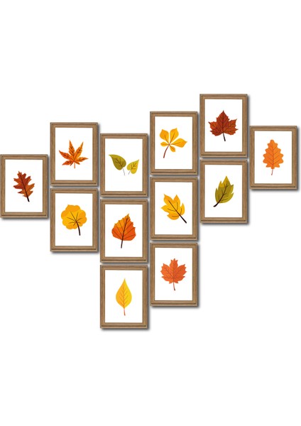 Leaf Sonbaharda Yapraklar 13,5 x 18 cm 12'li Ahşap Tablo Seti