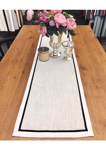 Concept Runner Beyaz Linen Ketene Siyah Biyeli (140X40)CM