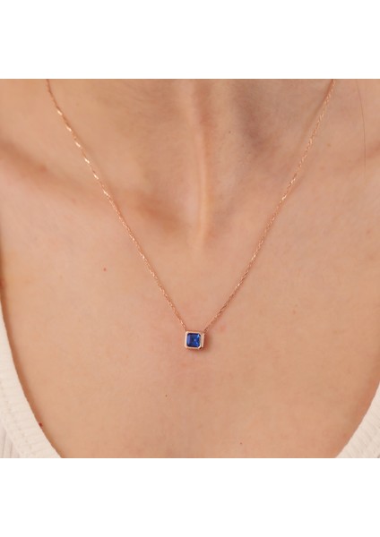 925 Ayar Gümüş Safir Renk Kare Taşlı Baget Kolye modelleri