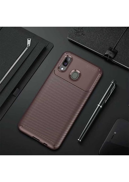 Samsung Galaxy A20 Kılıf Karbon Silikon Case Kahverengi