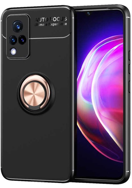 Vivo V21 Kılıf Yüzüklü Magnetli Ravel Case Siyah - Rose Gold