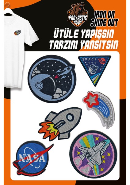 Ütü Ile Yapışan Dokuma Arma Seti Uzay Temalı İşlemeli Arma Yama - Kıyafet ve Aksesuarlar İçin Patch - Uzay, Nasa, Roket, Yıldız ve Space Desenli Arma