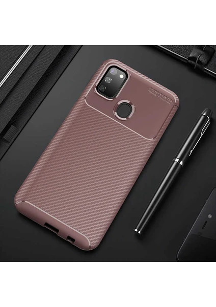 Samsung Galaxy M21 Kılıf Karbon Silikon Case Kahverengi