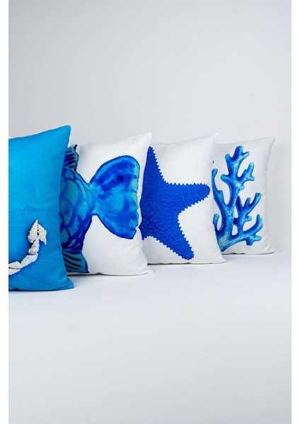 Çift Taraflı Mavi Marin Desenli 4'lü Dijital Baskılı Kırlent Kılıfı Seti 4KMBS001-CT